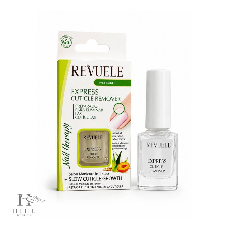 محلول تقویت‌کننده ناخن و از بین برنده کوتیکول REVUELE مدل Express Cuticle Remover حجم 10 میلی‌لیتر حاوی آلوئه‌ورا و روغن هسته زردآلو